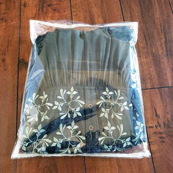 Embroidered Gown Deep Forest Maxi Dress 100% Rayon V Neck Button Front - Picture 10 of 10